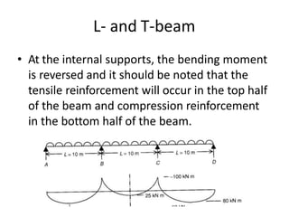 L- and T-beam
• At the internal supports, the bending moment
is reversed and it should be noted that the
tensile reinforcement will occur in the top half
of the beam and compression reinforcement
in the bottom half of the beam.
 