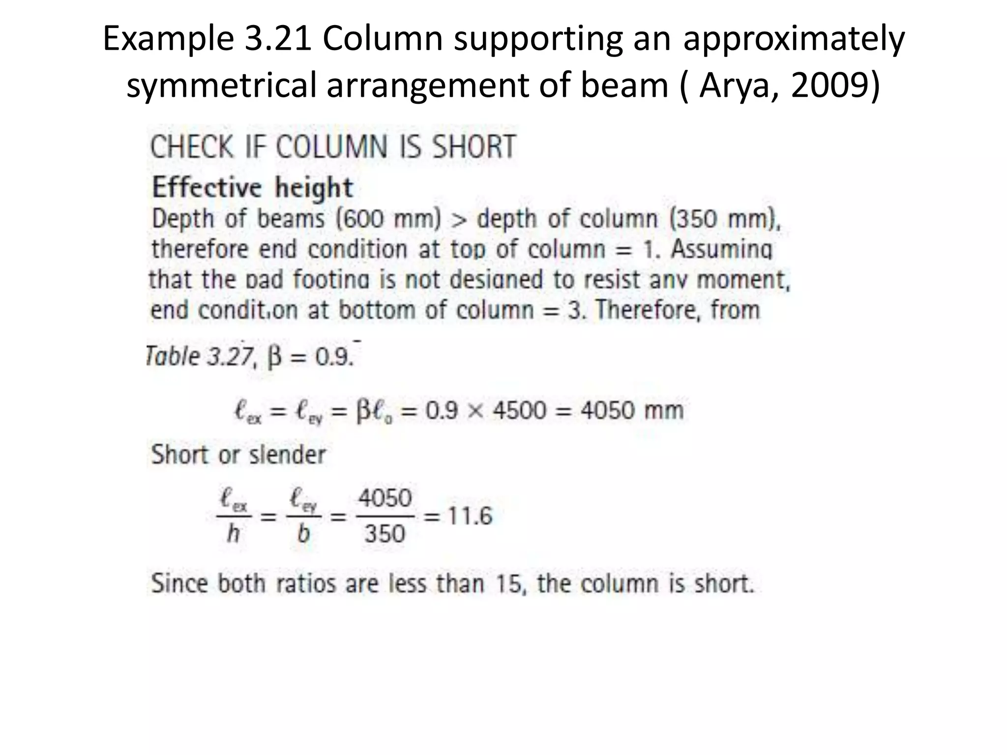Example 3.21 Column supporting an approximately
symmetrical arrangement of beam ( Arya, 2009)
 