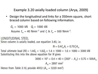 Example 3.20 axially loaded column (Arya, 2009)
• Design the longitudinal and links for a 350mm square, short
braced column based on following information.
 