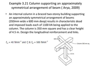 Example 3.21 Column supporting an approximately
symmetrical arrangement of beam ( Arya, 2009)
• An internal column in a braced two-storey building supporting
an approximately symmetrical arrangement of beams
(350mm wide x 600 mm deep) results in characteristic dead
and imposed loads each of 1100 kN being applied to the
column. The column is 350 mm square and has a clear height
of 4.5 m. Design the longitudinal reinforcement and links.
 
