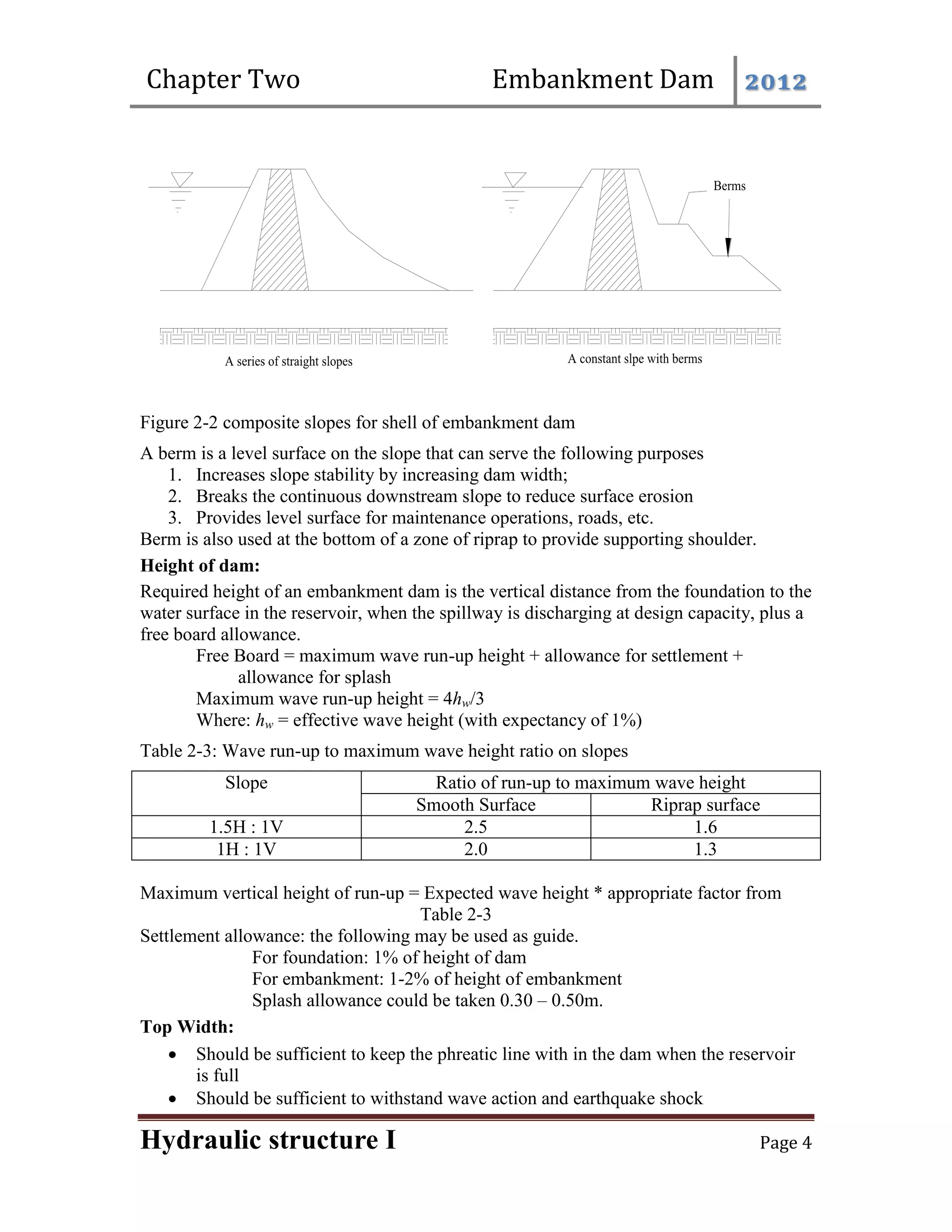 Chapter Two Embankment Dam 2012
Hydraulic structure I Page 4
Figure 2-2 composite slopes for shell of embankment dam
A berm is a level surface on the slope that can serve the following purposes
1. Increases slope stability by increasing dam width;
2. Breaks the continuous downstream slope to reduce surface erosion
3. Provides level surface for maintenance operations, roads, etc.
Berm is also used at the bottom of a zone of riprap to provide supporting shoulder.
Height of dam:
Required height of an embankment dam is the vertical distance from the foundation to the
water surface in the reservoir, when the spillway is discharging at design capacity, plus a
free board allowance.
Free Board = maximum wave run-up height + allowance for settlement +
allowance for splash
Maximum wave run-up height = 4hw/3
Where: hw = effective wave height (with expectancy of 1%)
Table 2-3: Wave run-up to maximum wave height ratio on slopes
Slope Ratio of run-up to maximum wave height
Smooth Surface Riprap surface
1.5H : 1V 2.5 1.6
1H : 1V 2.0 1.3
Maximum vertical height of run-up = Expected wave height * appropriate factor from
Table 2-3
Settlement allowance: the following may be used as guide.
For foundation: 1% of height of dam
For embankment: 1-2% of height of embankment
Splash allowance could be taken 0.30 – 0.50m.
Top Width:
 Should be sufficient to keep the phreatic line with in the dam when the reservoir
is full
 Should be sufficient to withstand wave action and earthquake shock
 