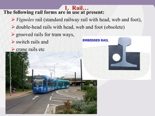 The following rail forms are in use at present:
Vignoles rail (standard railway rail with head, web and foot),
double-head rails with head, web and foot (obsolete)
grooved rails for tram ways,
switch rails and
crane rails etc
1. Rail…
 