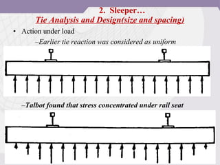 Tie Analysis and Design(size and spacing)
• Action under load
–Earlier tie reaction was considered as uniform
–Talbot found that stress concentrated under rail seat
2. Sleeper…
 