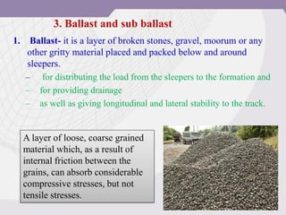 1. Ballast- it is a layer of broken stones, gravel, moorum or any
other gritty material placed and packed below and around
sleepers.
– for distributing the load from the sleepers to the formation and
– for providing drainage
– as well as giving longitudinal and lateral stability to the track.
3. Ballast and sub ballast
A layer of loose, coarse grained
material which, as a result of
internal friction between the
grains, can absorb considerable
compressive stresses, but not
tensile stresses.
 