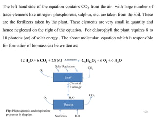 100
The left hand side of the equation contains CO2 from the air with large number of
trace elements like nitrogen, phosphorous, sulphur, etc. are taken from the soil. These
are the fertilizers taken by the plant. These elements are very small in quantity and
hence neglected on the right of the equation. For chlorophyll the plant requires 8 to
10 photons (hν) of solar energy . The above molecular equation which is responsible
for formation of biomass can be written as:
12 H2O + 6 CO2 + 2.8 MJ Chlorophyl C6H12O6 + 6 O2 + 6 H2O
Leaf
Roots
O2
CO2
CO2
O2
Nutrients H O
Chemical
Exchange
H2O
Fig: Photosynthesis and respiration
processes in the plant
Solar Radiation
 