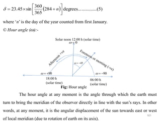 161
( ) ..(5)
..........
degrees...
284
365
360
sin
45
.
23 





+

= n

where ‘n’ is the day of the year counted from first January.
© Hour angle ( ):-
The hour angle at any moment is the angle through which the earth must
turn to bring the meridian of the observer directly in line with the sun’s rays. In other
words, at any moment, it is the angular displacement of the sun towards east or west
of local meridian (due to rotation of earth on its axis).

45
−
=

0
=

90
−
=

06:00 h
(solar time)
18:00 h
(solar time)
90
+
=

Fig: Hour angle
Solar noon 12:00 h (solar time)
 