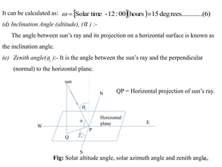 162
 ( ) ......(6)
rees......
deg
15
hours
00
:
12
-
Solar time 
=

It can be calculated as:
(d) Inclination Angle (altitude), ( ) :-
The angle between sun’s ray and its projection on a horizontal surface is known as
the inclination angle.
(e) Zenith angle( ):- It is the angle between the sun’s ray and the perpendicular
(normal) to the horizontal plane.
QP = Horizontal projection of sun’s ray.
Fig: Solar altitude angle, solar azimuth angle and zenith angle.

s

s


s

P
Q
sun
Horizontal
plane E
W
N
S
 
