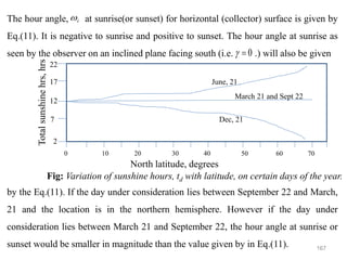 167
i

12
22
2
7
17 June, 21
Dec, 21
March 21 and Sept 22
10
0 20 30 40 50 60 70
North latitude, degrees
Total
sunshine
hrs,
hrs
Fig: Variation of sunshine hours, td with latitude, on certain days of the year.
The hour angle, at sunrise(or sunset) for horizontal (collector) surface is given by
Eq.(11). It is negative to sunrise and positive to sunset. The hour angle at sunrise as
seen by the observer on an inclined plane facing south (i.e. .) will also be given
by the Eq.(11). If the day under consideration lies between September 22 and March,
21 and the location is in the northern hemisphere. However if the day under
consideration lies between March 21 and September 22, the hour angle at sunrise or
sunset would be smaller in magnitude than the value given by in Eq.(11).
0
=

 