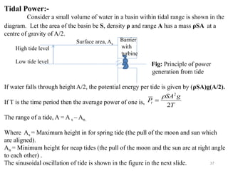 37
T
g
SA
Pt
2
2

=
Tidal Power:-
Consider a small volume of water in a basin within tidal range is shown in the
diagram. Let the area of the basin be S, density ρ and range A has a mass ρSA at a
centre of gravity of A/2.
Fig: Principle of power
generation from tide
If water falls through height A/2, the potential energy per tide is given by (ρSA)g(A/2).
If T is the time period then the average power of one is,
The range of a tide, A = A s – An.
Where As = Maximum height in for spring tide (the pull of the moon and sun which
are aligned).
An = Minimum height for neap tides (the pull of the moon and the sun are at right angle
to each other) .
The sinusoidal oscillation of tide is shown in the figure in the next slide.
Barrier
with
turbine
High tide level
Low tide level
Surface area, As
 
