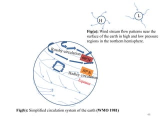 48
L
H
Fig(a): Wind stream flow patterns near the
surface of the earth in high and low pressure
regions in the northern hemisphere.
Fig(b): Simplified circulation system of the earth (WMO 1981)
 