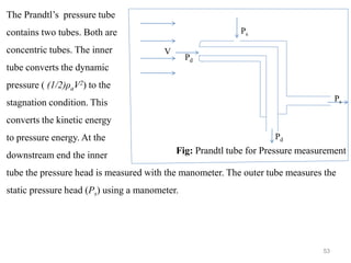 53
Ps
Ps
V
Pd
Pd
Fig: Prandtl tube for Pressure measurement
The Prandtl’s pressure tube
contains two tubes. Both are
concentric tubes. The inner
tube converts the dynamic
pressure ( (1/2)ρaV2) to the
stagnation condition. This
converts the kinetic energy
to pressure energy. At the
downstream end the inner
tube the pressure head is measured with the manometer. The outer tube measures the
static pressure head (Ps) using a manometer.
 