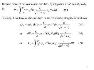 72
The total power of the rotor can be calculated by integration of dP from RN to RE .
So,
Similarly, thrust force can be calculated on the rotor blades along the vertical axis:
(W)
2 2
0
2
0
2
dR
N
b
v
u
v
u
w
C
P R
p
a
R
R
a
E
N
+
=  
(N)
)
(
2
or
(N)
)
(
2
or
(N)
2
sin
2
0
2
2
2
0
2
2
2
0
2
2
 +
=
+
=
+
=
=
E
N
R
R
R
p
a
a
s
R
p
a
a
s
a
a
A
s
dR
v
u
u
N
b
w
C
F
v
u
u
dR
N
b
w
C
dF
v
u
u
dA
w
C
dF
dF




 