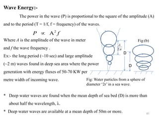 81


2
D
Fig: Water particles from a sphere of
diameter ‘2r’ in a sea wave.
f
P 2
A

D
Wave Energy:-
The power in the wave (P) is proportional to the square of the amplitude (A)
and to the period (T = 1/f, f = frequency) of the waves.
Where A is the amplitude of the wave in meter
and f the wave frequency .
Ex:- the long period (~10 sec) and large amplitude
(~2 m) waves found in deep sea area where the power
generation with energy fluxes of 50-70 KW per
metre width of incoming wave.
* Deep water waves are found when the mean depth of sea bed (D) is more than
about half the wavelength, λ.
* Deep water waves are available at a mean depth of 50m or more.
Fig:(b)
 