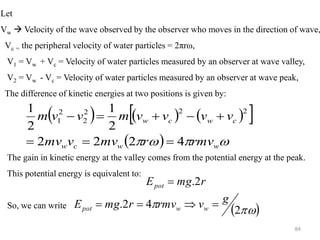 84
Let
Vw → Velocity of the wave observed by the observer who moves in the direction of wave,
Vc = the peripheral velocity of water particles = 2πrω,
V1 = Vw + Vc = Velocity of water particles measured by an observer at wave valley,
V2 = Vw - Vc = Velocity of water particles measured by an observer at wave peak,
The difference of kinetic energies at two positions is given by:
The gain in kinetic energy at the valley comes from the potential energy at the peak.
This potential energy is equivalent to:
So, we can write
( ) ( ) ( )
 
( ) 


 w
w
c
w
c
w
c
w
rmv
r
mv
v
mv
v
v
v
v
m
v
v
m
4
2
2
2
2
1
2
1 2
2
2
2
2
1
=
=
=
+
−
+
=
−
r
mg
Epot 2
.
=
( )

 2
4
2
. g
v
rmv
r
mg
E w
w
pot =

=
=
 