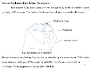 89
Fig: Schematic of a Pendulor
Hydraulic Pump
Pendulum
Incident waves
Bottom-fixed near-shore devices (Pendulor):-
The bottom fixed near shore devices are generally used in shallow waters
typically10-25 m water. The bottom fixed near shore device is named as Pendulor.
The pendulum or oscillating flap acts up on directly by the wave water. This device
was under test in the year 1999, Japan by Watable et al. Plans are executed in
Sri Lanka for development of power 150 - 250 KW.
 