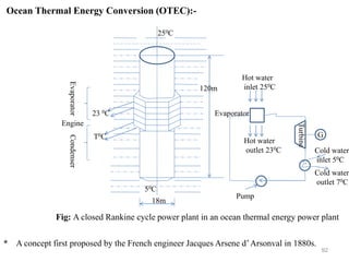 92
Evaporator
Condenser
Engine
Hot water
inlet 250C
Hot water
outlet 230C
G
Cold water
inlet 50C
Cold water
outlet 70C
Turbine
Evaporator
Pump
250C
50C
18m
23 0C
T0C
Fig: A closed Rankine cycle power plant in an ocean thermal energy power plant
120m
Ocean Thermal Energy Conversion (OTEC):-
* A concept first proposed by the French engineer Jacques Arsene d’Arsonval in 1880s.
 
