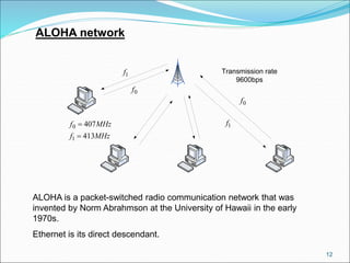12
1f
0f
1f
0f
MHzf
MHzf
413
407
1
0


Transmission rate
9600bps
ALOHA network
ALOHA is a packet-switched radio communication network that was
invented by Norm Abrahmson at the University of Hawaii in the early
1970s.
Ethernet is its direct descendant.
 