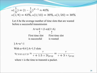 26
Let A be the average number of time slots that are wasted
before a successful transmission
A=0 + (1-)(1+A)
First time slot
is successful
First time slot
is wasted
) A=-1-1
With =0.4 ) A=1.5 slots
where  is the time to transmit a packet.
 
