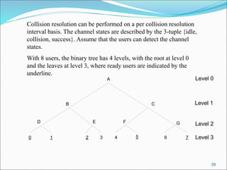 29
Collision resolution can be performed on a per collision resolution
interval basis. The channel states are described by the 3-tuple {idle,
collision, success}. Assume that the users can detect the channel
states.
With 8 users, the binary tree has 4 levels, with the root at level 0
and the leaves at level 3, where ready users are indicated by the
underline.
0 1 2 3 4 5 6 7
A
B C
D E F G
Level 0
Level 1
Level 2
Level 3
 