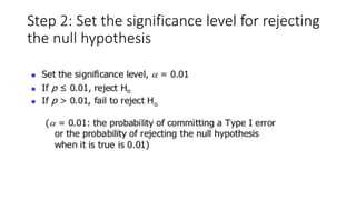 Step 2: Set the significance level for rejecting
the null hypothesis
 