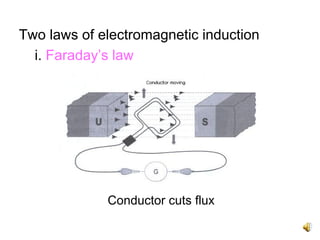 Two laws of electromagnetic induction
  i. Faraday’s law




             Conductor cuts flux
 