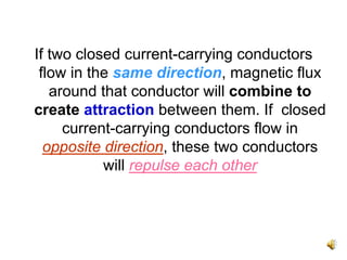 If two closed current-carrying conductors
 flow in the same direction, magnetic flux
   around that conductor will combine to
create attraction between them. If closed
     current-carrying conductors flow in
  opposite direction, these two conductors
           will repulse each other
 