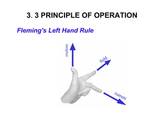 3. 3 PRINCIPLE OF OPERATION

Fleming′s Left Hand Rule
 