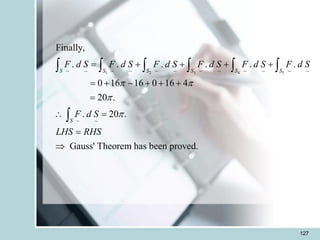 127
1 2 3 4 5
~ ~ ~ ~ ~ ~
~ ~ ~ ~ ~ ~
~ ~
Finally,
. . . . . .
0 16 16 0 16 4
20 .
. 20 .
Gauss' Theorem has been proved.
S S S S S S
S
F d S F d S F d S F d S F d S F d S
F d S
LHS RHS
 


= + + + +
= + - + + +
=
 =
=

     

 