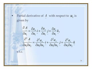 24
• Partial derivative of with respect to is
given by
e.t.c.
~
A
~
2
1
2
~
2
1
2
~
2
1
2
2
1
~
2
~
1
~
1
~
1
1
~
,
k
u
u
a
j
u
u
a
i
u
u
a
u
u
A
k
u
a
j
u
a
i
u
a
u
A
z
y
x
z
y
x



+



+



=





+


+


=


1
u
 