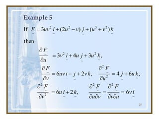 25
Example 5
~
~
2
~
2
~
~
2
~
2
~
~
2
~
2
~
~
~
~
~
2
~
~
2
~
~
2
3
~
2
~
2
~
6
,
2
6
,
6
4
,
2
6
,
3
4
3
then
)
(
)
2
(
3
If
i
v
u
v
F
v
u
F
k
i
u
v
F
k
u
j
u
F
k
v
j
i
uv
v
F
k
u
j
u
i
v
u
F
k
v
u
j
v
u
i
uv
F
=



=



+
=


+
=


+
-
=


+
+
=


+
+
-
+
=
 