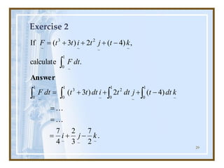 29
Exercise 2
.
2
7
3
2
4
7
)
4
(
2
)
3
(
.
calculate
,
)
4
(
2
)
3
(
If
~
~
~
1
0 ~
1
0 ~
2
1
0 ~
3
1
0 ~
1
0 ~
~
~
2
~
3
~
k
j
i
k
dt
t
j
dt
t
i
dt
t
t
dt
F
dt
F
k
t
j
t
i
t
t
F
-
+
=
=
=
-
+
+
+
=
-
+
+
+
=







Answer
 