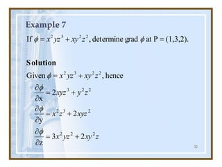 32
Example 7
z
xy
yz
x
xyz
z
x
z
y
xyz
z
xy
yz
x
z
xy
yz
x
2
2
2
2
3
2
2
2
3
2
2
3
2
2
2
3
2
2
3
z
2
y
2
x
hence
,
Given
(1,3,2).
P
at
grad
determine
,
If
+
=


+
=


+
=


+
=
=
+
=






Solution
 