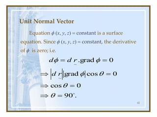 42
Unit Normal Vector
Equation  (x, y, z) = constant is a surface
equation. Since  (x, y, z) = constant, the derivative
of  is zero; i.e.
.
90
0
cos
0
cos
grad
0
grad
.
~
~

=

=

=

=
=






r
d
r
d
d
 