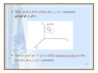 43
• This shows that when  (x, y, z) = constant,
• Vector grad  =   is called normal vector to the
surface  (x, y, z) = constant
.
~
r
d
grad 

y
ds
grad 
z
x
 