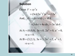 64
Solution
.
1
,
1
,
2
2
,
3
3
(3,2,1),
B
At
.
0
,
0
,
0
2
,
0
3
(0,0,0),
A
At
.
3
4
3
And,
.
12
)
(
)
2
)(
3
(
z
Given
3
2
3
2
~
2
~
~
~
~
~
~
8
3
2
2
2
=

=
=
=
=
=

=
=
=
=
+
+
=
+
+
=
=
=
=
u
u
u
u
u
u
u
u
k
du
u
j
du
u
i
du
k
dz
j
dy
i
dx
r
d
u
u
u
u
xy
V
 