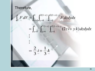 85
Therefore,
   
=
-
=
-
-
=
=
V x
x
y
y
x
z
dzdydx
F
dV
F
1
0
)
1
(
2
0
)
1
(
2
0 ~
~
 

-
=
-
-
=
=
+
=
)
1
(
2
0
)
1
(
2
0 ~
~
1
0
)
2
(
x
y
y
x
z
x
dzdydx
k
y
i
z
~
~ 3
1
3
2
k
i+
=


 