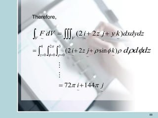88
  +
+
=
V V
dxdydz
k
y
j
z
i
dV
F )
2
2
(
~
~
~
~
Therefore,
  
= = =
+
+
=
4
0
2
0
3
0 ~
~
~
)
sin
2
2
(
z
k
j
z
i

 


 dz
d
d 

~
~
144
72 j
i 
 +
=


 