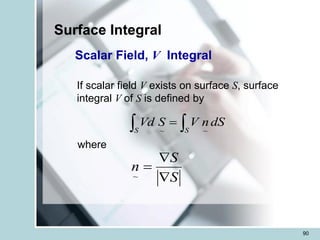 90
Surface Integral
Scalar Field, V Integral
If scalar field V exists on surface S, surface
integral V of S is defined by
 
=
S S
dS
n
V
S
Vd
~
~
where
S
S
n


=
~
 