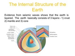 The Internal Structure of the
Earth
Evidence from seismic waves shows that the earth is
layered. The earth basically consists of 3 layers:- 1) crust
2) mantle and 3) core
 