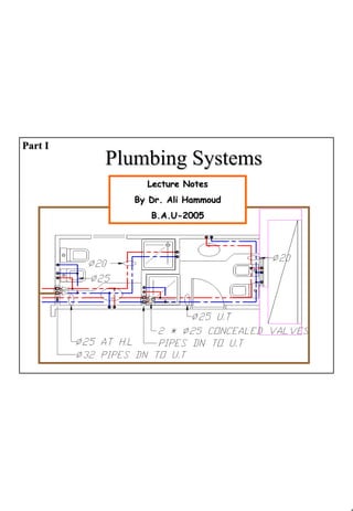 1
1 1
Plumbing SystemsPlumbing Systems
Part IPart I
Lecture NotesLecture Notes
By Dr. Ali HammoudBy Dr. Ali Hammoud
B.A.UB.A.U--20052005
 