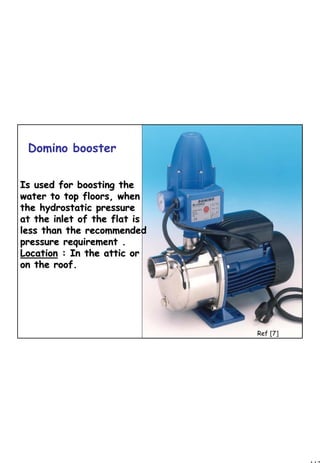 112
1 112
Domino booster
Is used for boosting theIs used for boosting the
water to top floors, whenwater to top floors, when
the hydrostatic pressurethe hydrostatic pressure
at the inlet of the flat isat the inlet of the flat is
less than the recommendedless than the recommended
pressure requirement .pressure requirement .
LocationLocation : In the attic or: In the attic or
on the roof.on the roof.
Ref [7]
 