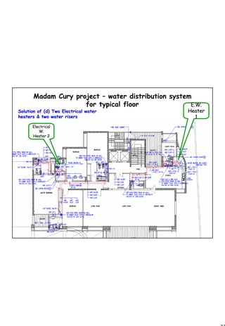 23
1 23
Madam Cury project – water distribution system
for typical floor
Solution of (d) Two Electrical waterSolution of (d) Two Electrical water
heaters & two water risersheaters & two water risers
E.W.E.W.
HeaterHeater
11
ElectricalElectrical
W.W.
Heater 2Heater 2
 