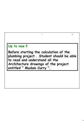 25
1 25
Up to now !!
Before starting the calculation of the
plumbing project . Student should be able
to read and understand all the
Architecture drawings of the project
entitled “ Madam Curry “.
 