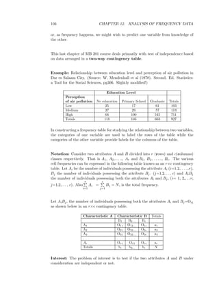 104 CHAPTER 12. ANALYSIS OF FREQUENCY DATA
or, as frequency happens, we might wish to predict one variable from knowledge of
the other.
This last chapter of MB 201 course deals primarily with test of independence based
on data arranged in a two-way contingency table.
Example: Relationship between education level and perception of air pollution in
Dar es Salaam City. (Source: W. Mendenhall et al (1978). Second. Ed. Statistics:
a Tool for the Social Sciences, pg306. Slightly modiﬁed!)
Education Level
Perception
of air pollution No education Primary School Graduate Totals
Low 25 17 61 103
Medium 27 29 57 113
High 66 100 545 711
Totals 118 146 663 927
In constructing a frequency table for studying the relationship between two variables,
the categories of one variable are used to label the rows of the table while the
categories of the other variable provide labels for the columns of the table.
Notation: Consider two attributes A and B divided into r (rows) and c(columns)
classes respectively. That is A1, A2,. . . .., Ar and B1, B2, . . . .., Bc. The various
cell frequencies can be expressed in the following table known as an r×c contingency
table. Let Ai be the number of individuals possessing the attribute Ai (i=1,2,. . . ..,r),
Bj the number of individuals possessing the attribute Bj. (j=1,2. . . , c) and AiBj
the number of individuals possessing both the attributes Ai and Bj, (i= 1, 2,. . . r;
j=1,2,. . . , c). Also
r
i=1
Ai =
c
j=1
Bj = N, is the total frequency.
Let AiBj, the number of individuals possessing both the attributes Ai and Bj=Oij
as shown below in an r×c contingency table.
Characteristic A Characteristic B Totals
B1 B2.... Bc
A1 O11 O12.... O1c a1
A2 O21 O22.... O2c a2
A3 O31 O32.... O3c a3
. . . . . . . . . . . .
Ar Or1 Or2 Orc ar
Totals bi b2... bc N
Interest: The problem of interest is to test if the two attributes A and B under
consideration are independent or not.
 