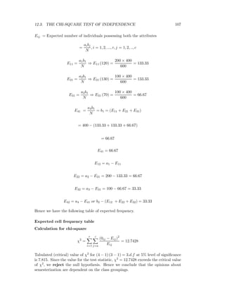 12.3. THE CHI-SQUARE TEST OF INDEPENDENCE 107
Eij = Expected number of individuals possessing both the attributes
=
aibj
N
, i = 1, 2, ..., r, j = 1, 2, .., c
E11 =
a1b1
N
⇒ E11 (120) =
200 × 400
600
= 133.33
E21 =
a2b1
N
⇒ E21 (130) =
100 × 400
600
= 133.33
E31 =
a2b1
N
⇒ E31 (70) =
100 × 400
600
= 66.67
E41 =
a4b1
N
= b1 = (E11 + E21 + E31)
= 400 − (133.33 + 133.33 + 66.67)
= 66.67
E41 = 66.67
E12 = a1 − E11
E22 = a2 − E21 = 200 − 133.33 = 66.67
E32 = a3 − E31 = 100 − 66.67 = 33.33
E42 = a4 − E41 or b2 − (E12 + E22 + E32) = 33.33
Hence we have the following table of expected frequency.
Expected cell frequency table
Calculation for chi-square
χ2
=
r
i=1
c
j=a
(0ij − Eij)2
Eij
= 12.7428
Tabulated (critical) value of χ2 for (4 − 1) (3 − 1) = 3.d.f at 5% level of signiﬁcance
is 7.815. Since the value for the test statistic, χ2 = 12.7428 exceeds the critical value
of χ2, we reject the null hypothesis. Hence we conclude that the opinions about
semesterization are dependent on the class groupings.
 