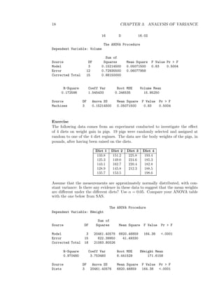 18 CHAPTER 3. ANALYSIS OF VARIANCE
16 D 16.02
The ANOVA Procedure
Dependent Variable: Volume
Sum of
Source DF Squares Mean Square F Value Pr > F
Model 3 0.15214500 0.05071500 0.83 0.5004
Error 12 0.72935500 0.06077958
Corrected Total 15 0.88150000
R-Square Coeff Var Root MSE Volume Mean
0.172598 1.545433 0.246535 15.95250
Source DF Anova SS Mean Square F Value Pr > F
Machines 3 0.15214500 0.05071500 0.83 0.5004
Exercise
The following data comes from an experiment conducted to investigate the eﬀect
of 4 diets on weight gain in pigs. 19 pigs were randomly selected and assigned at
random to one of the 4 diet regimes. The data are the body weights of the pigs, in
pounds, after having been raised on the diets.
Diet 1 Diet 2 Diet 3 Diet 4
133.8 151.2 225.8 193.4
125.3 149.0 224.6 185.3
143.1 162.7 220.4 182.8
128.9 145.8 212.3 188.5
135.7 153.5 198.6
Assume that the measurements are approximately normally distributed, with con-
stant variance: Is there any evidence in these data to suggest that the mean weights
are diﬀerent under the diﬀerent diets? Use α = 0.05. Compare your ANOVA table
with the one below from SAS.
The ANOVA Procedure
Dependent Variable: BWeight
Sum of
Source DF Squares Mean Square F Value Pr > F
Model 3 20461.40576 6820.46859 164.38 <.0001
Error 15 622.39950 41.49330
Corrected Total 18 21083.80526
R-Square Coeff Var Root MSE BWeight Mean
0.970480 3.753460 6.441529 171.6158
Source DF Anova SS Mean Square F Value Pr > F
Diets 3 20461.40576 6820.46859 164.38 <.0001
 