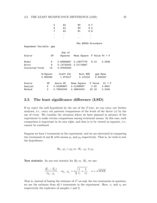 3.5. THE LEAST SIGNIFICANCE DIFFERENCE (LSD) 25
5 A2 M2 6.7
6 A2 M3 6.2
7 A3 M1 6.8
. . . .
. . . .
The ANOVA Procedure
Dependent Variable: ppm
Sum of
Source DF Squares Mean Square F Value Pr > F
Model 6 0.83866667 0.13977778 8.14 0.0046
Error 8 0.13733333 0.01716667
Corrected Total 14 0.97600000
R-Square Coeff Var Root MSE ppm Mean
0.859290 1.973217 0.131022 6.640000
Source DF Anova SS Mean Square F Value Pr > F
Analyst 4 0.04266667 0.01066667 0.62 0.6601
Method 2 0.79600000 0.39800000 23.18 0.0005
3.5 The least signiﬁcance diﬀerence (LSD)
If we reject the null hypothesis by the use of the F-test, we can carry out further
analyses, i.e., carry out pairwise comparisons of the levels of the factor (s) by the
use of t-test. We consider the situation where we have planned in advance of the
experiment to make certain comparisons among treatment means. In this case, each
comparison is important in its own right, and thus is to be viewed as separate, i.e.,
cannot be combined.
Suppose we have t treatments in the experiment, and we are interested in comparing
two treatments 1 and 2, with means µ1 and µ2 respectively. That is, we wish to test
the hypotheses:
H0 : µ1 = µ2 vs. H1 : µ1 = µ2
Test statistic: As our test statistic for H0 vs. H1, we use:
| ¯Y1. − ¯Y2.|
s¯Y1.− ¯Y2.
, s¯Y1.− ¯Y2.
= s
1
r1
+
1
r2
, s =
√
MSE
That is, instead of basing the estimate of σ2 on only the two treatments in question,
we use the estimate from all t treatments in the experiment. Here, r1 and r2 are
respectively the replicates of samples 1 and 2.
 