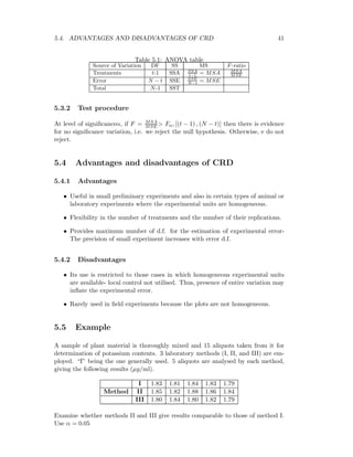 5.4. ADVANTAGES AND DISADVANTAGES OF CRD 41
Table 5.1: ANOVA table
Source of Variation DF SS MS F-ratio
Treatments t-1 SSA SSA
t−1 = MSA MSA
MSE
Error N − t SSE SSE
N−t = MSE
Total N-1 SST
5.3.2 Test procedure
At level of signiﬁcanceα, if F = MSA
MSE > Fα, [(t − 1) , (N − t)] then there is evidence
for no signiﬁcance variation, i.e. we reject the null hypothesis. Otherwise, e do not
reject.
5.4 Advantages and disadvantages of CRD
5.4.1 Advantages
• Useful in small preliminary experiments and also in certain types of animal or
laboratory experiments where the experimental units are homogeneous.
• Flexibility in the number of treatments and the number of their replications.
• Provides maximum number of d.f. for the estimation of experimental error-
The precision of small experiment increases with error d.f.
5.4.2 Disadvantages
• Its use is restricted to those cases in which homogeneous experimental units
are available- local control not utilised. Thus, presence of entire variation may
inﬂate the experimental error.
• Rarely used in ﬁeld experiments because the plots are not homogeneous.
5.5 Example
A sample of plant material is thoroughly mixed and 15 aliquots taken from it for
determination of potassium contents. 3 laboratory methods (I, II, and III) are em-
ployed. “I” being the one generally used. 5 aliquots are analysed by each method,
giving the following results (µg/ml).
I 1.83 1.81 1.84 1.83 1.79
Method II 1.85 1.82 1.88 1.86 1.84
III 1.80 1.84 1.80 1.82 1.79
Examine whether methods II and III give results comparable to those of method I.
Use α = 0.05
 