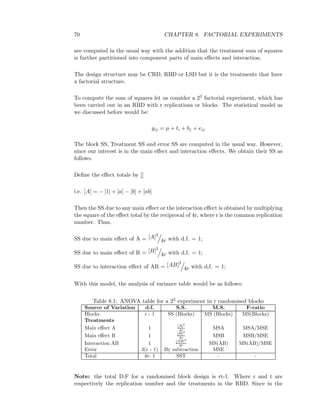70 CHAPTER 8. FACTORIAL EXPERIMENTS
are computed in the usual way with the addition that the treatment sum of squares
is further partitioned into component parts of main eﬀects and interaction.
The design structure may be CRD, RBD or LSD but it is the treatments that have
a factorial structure.
To compute the sum of squares let us consider a 22 factorial experiment, which has
been carried out in an RBD with r replications or blocks. The statistical model as
we discussed before would be:
yij = µ + ti + bj + eij
The block SS, Treatment SS and error SS are computed in the usual way. However,
since our interest is in the main eﬀect and interaction eﬀects. We obtain their SS as
follows.
Deﬁne the eﬀect totals by []
i.e. [A] = − [1] + [a] − [b] + [ab]
Then the SS due to any main eﬀect or the interaction eﬀect is obtained by multiplying
the square of the eﬀect total by the reciprocal of 4r, where r is the common replication
number. Thus.
SS due to main eﬀect of A = [A]2
4r with d.f. = 1;
SS due to main eﬀect of B = [B]2
4r with d.f. = 1;
SS due to interaction eﬀect of AB = [AB]2
4r with d.f. = 1;
With this model, the analysis of variance table would be as follows:
Table 8.1: ANOVA table for a 22 experiment in r randomised blocks
Source of Variation d.f. S.S. M.S. F-ratio
Blocks r - 1 SS (Blocks) MS (Blocks) MS(Blocks)
Treatments
Main eﬀect A 1 [A]2
4r MSA MSA/MSE
Main eﬀect B 1 [B]2
4r MSB MSB/MSE
Interaction AB 1 [AB]2
4r MS(AB) MS(AB)/MSE
Error 3(r - 1) By subtraction MSE
Total 4r- 1 SST - -
Note: the total D.F for a randomised block design is rt-1. Where r and t are
respectively the replication number and the treatments in the RBD. Since in the
 