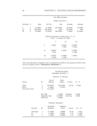 90 CHAPTER 10. MULTIPLE LINEAR REGRESSION
====================================================================================
The CORR Procedure
Simple Statistics
Variable N Mean Std Dev Sum Minimum Maximum
Y 6 52.66667 12.09408 316.00000 38.00000 70.00000
X1 6 485.00000 394.60106 2910 80.00000 1060
X2 6 44.66667 33.97450 268.00000 7.00000 94.00000
Pearson Correlation Coefficients, N = 6
Prob > |r| under H0: Rho=0
Y X1 X2
Y 1.00000 0.99281 0.98729
<.0001 0.0002
X1 0.99281 1.00000 0.97998
<.0001 0.0006
X2 0.98729 0.97998 1.00000
0.0002 0.0006
====================================================================================
Also, the parameter estimates can be computed in SAS as the printouts below show
(see the outputs under ”Parameter Estimates”):
====================================================================================
The REG Procedure
Dependent Variable: Y
Analysis of Variance
Sum of Mean
Source DF Squares Square F Value Pr > F
Model 2 724.65072 362.32536 162.66 0.0009
Error 3 6.68261 2.22754
Corrected Total 5 731.33333
Root MSE 1.49249 R-Square 0.9909
Dependent Mean 52.66667 Adj R-Sq 0.9848
Coeff Var 2.83385
Parameter Estimates
Parameter Standard
Variable DF Estimate Error t Value Pr > |t|
Intercept 1 37.42606 1.08666 34.44 <.0001
X1 1 0.01955 0.00850 2.30 0.1049
X2 1 0.12894 0.09868 1.31 0.2825
====================================================================================
 